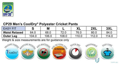Mens cricket pants size chart and features of Winning Spirit CoolDry Cricket Pants CP29