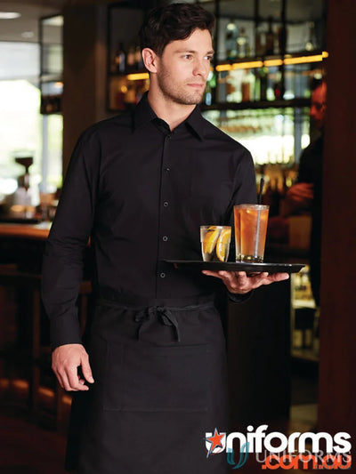 Waiter in black uniform holding drinks wearing Winning Spirit Poly Stretch Long Sleeve Shirt