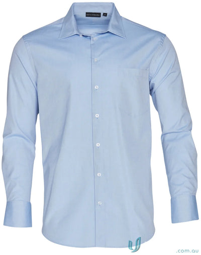 Light blue m7040l men’s cvc oxford long sleeve dress shirt with white buttons