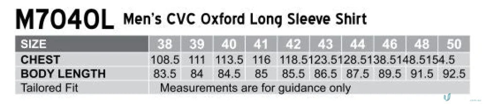 Men’s M7040S CVC Oxford Short Sleeve Shirt size chart with chest and length measurements