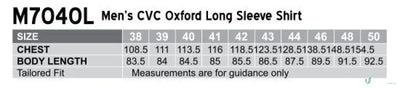 Men’s M7040S CVC Oxford Short Sleeve Shirt size chart with chest and length measurements