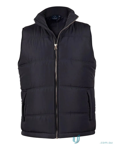 Black puffer vest from Winning Spirit Everest Vest collection, perfect pongee shell vest style
