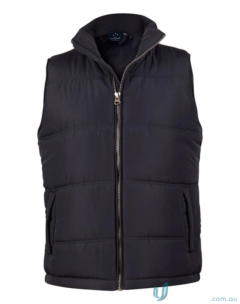 Black puffer vest from Winning Spirit Everest Vest collection, perfect pongee shell vest style