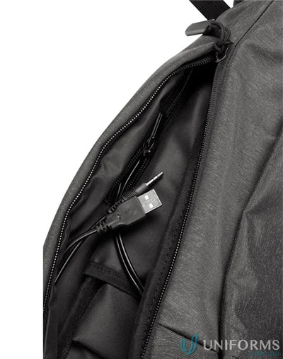 Open Winning Spirit Executive Heather Backpack showing secure padded laptop section with USB cable