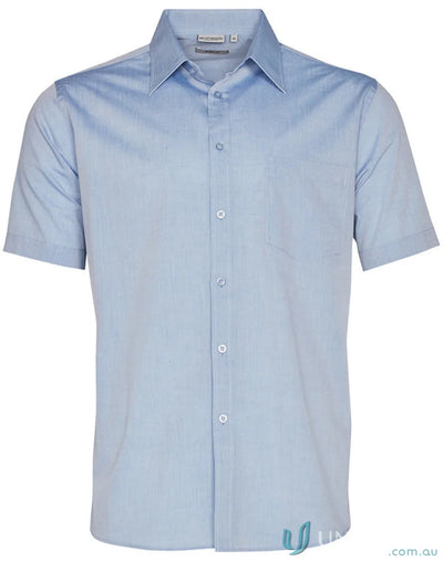 Light blue men’s fine chambray short sleeve shirt from Winning Spirit shown in product image