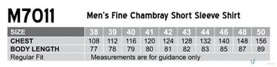 Men’s fine chambray short sleeve shirt size chart for Winning Spirit Chambray Shirt