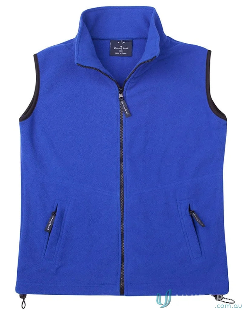 Blue fleece vest with black trim from Winning Spirit Freedom Polar Fleece line, anti-pill polar fleece
