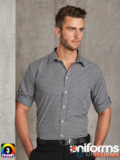Man in black and white check mens gingham check Winning Spirit Gingham Roll Up LS Shirt