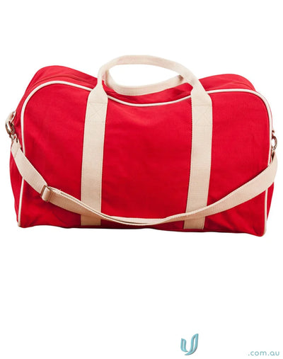 Red duffel bag with beige straps from Winning Spirit Impact Casual Bag featuring reinforced carry handles