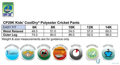 Kids cooldry cricket pants size chart for Winning Spirit Kids Cooldry Cricket Pants