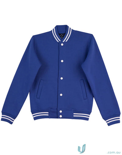 Blue fleece varsity jacket with white trim from Winning Spirit Kids Fleece Varsity collection