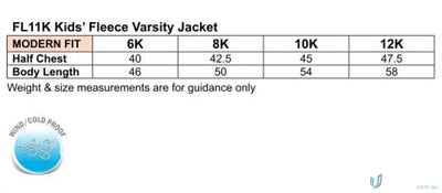 Sizing chart for Winning Spirit Kids Fleece Varsity Jacket kids fleece varsity jacket
