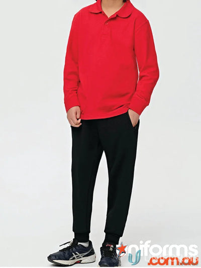 Child wearing red polo and black sweatpants for Kids Spirit French Terry Track Pants TP25K