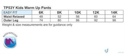 Kids legend warm warm-up pants size chart showing zip-up leg openings for Winning Spirit Kids