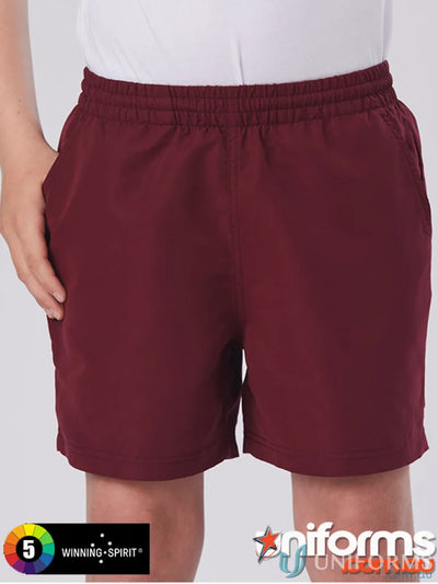 Maroon Winning Spirit Kids microfibre sport shorts with elastic waistband and side pockets