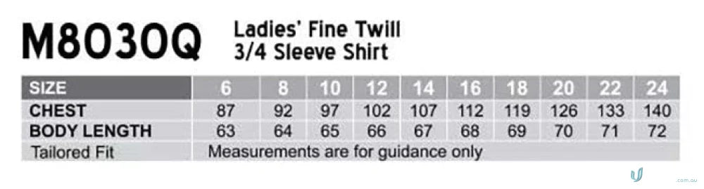 Ladies size chart for Winning Spirit Ladies Fine Twill Shirt showing fit details