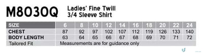 Ladies size chart for Winning Spirit Ladies Fine Twill Shirt showing fit details