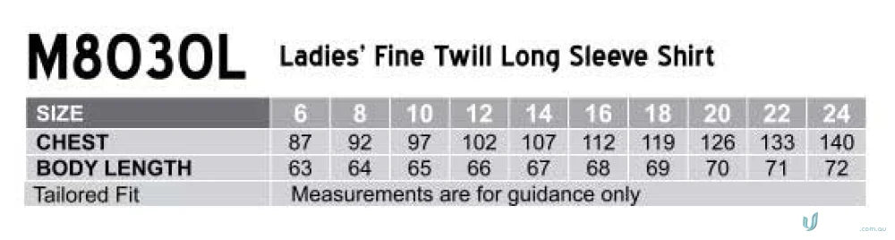 Ladies shirt size chart for Winning Spirit Ladies womens fine twill M8030L shirt