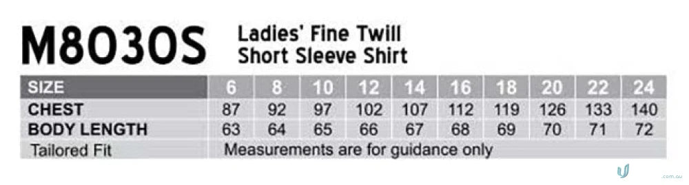 Winning Spirit Ladies ladys fine twill shirt size chart for M8030S