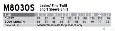 Winning Spirit Ladies ladys fine twill shirt size chart for M8030S