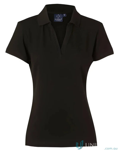 Black womens Winning Spirit Ladies Longbeach Stretch Polo shirt for a comfy sporty look