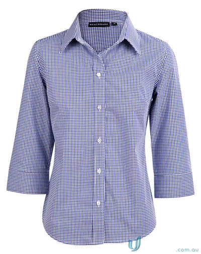 Blue and white checkered ladies multi-tone check 3/4 sleeve shirt from Winning Spirit Ladies