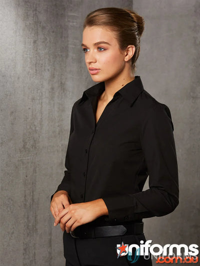 Black womens nano tech long-sleeved button-down shirt from Winning Spirit Ladies Nano Tech collection