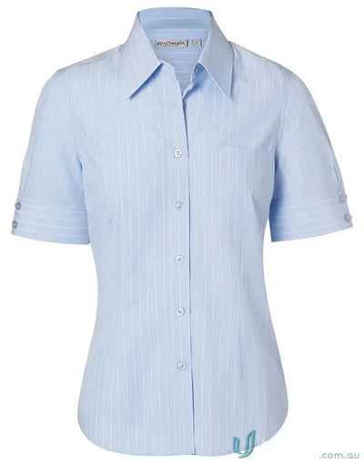 Light blue striped short-sleeve button-down shirt from Winning Spirit Ladies PinStripe SS Shirt collection