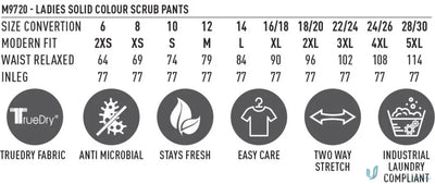 Winning Spirit Ladies semi-elastic waist scrub pants size chart and fabric info