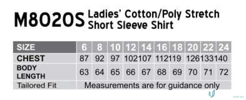 Ladies short sleeve shirt size chart for Winning Spirit Ladies Stretch with M8020S Women’s Cotton