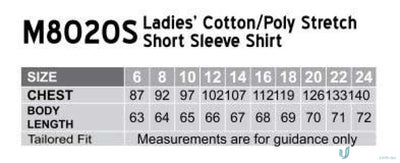 Ladies short sleeve shirt size chart for Winning Spirit Ladies Stretch with M8020S Women’s Cotton
