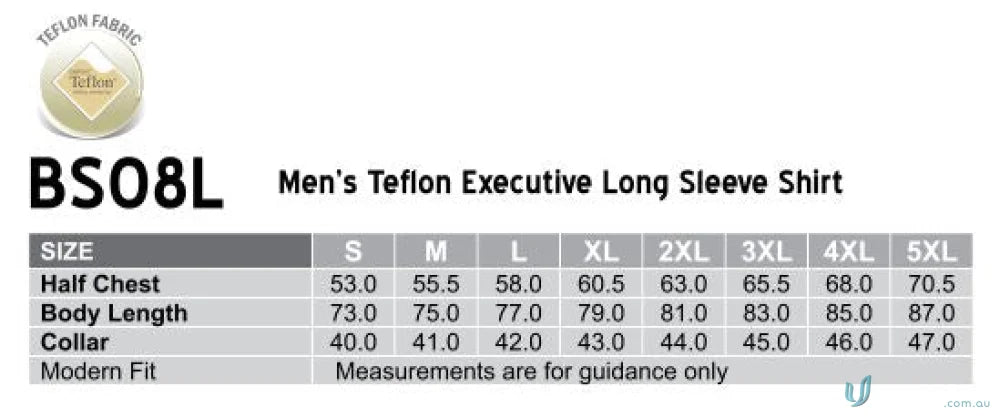 Mens Teflon Executive Long Sleeve Shirt size chart for the Winning Spirit Mens Executive LS Shirt