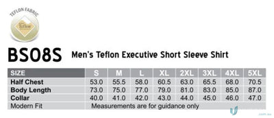 Mens Teflon Winning Spirit Mens executive short sleeve shirt size chart