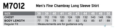 Mens shirt size chart for Winning Spirit Mens Fine Chambray L/S Shirt m7012 mens fine chambray long sleeve style