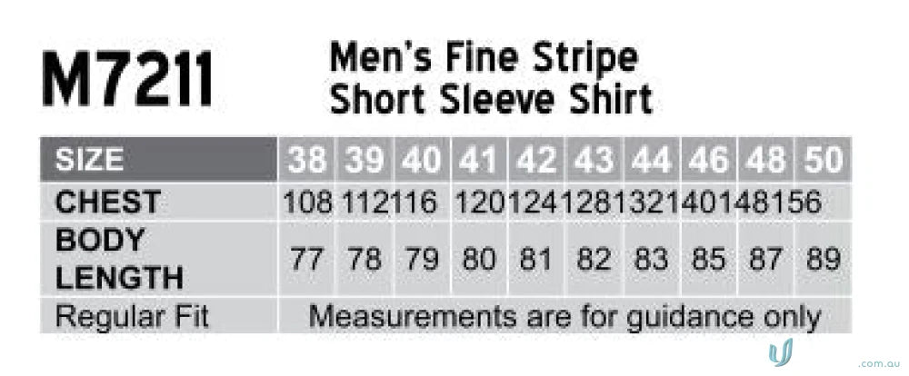 Mens fine stripe short sleeve shirt size chart for Winning Spirit Mens Shirt
