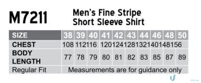 Mens fine stripe short sleeve shirt size chart for Winning Spirit Mens Shirt