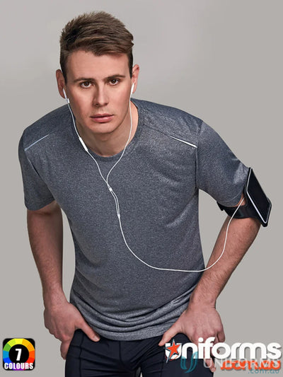 Male model in Winning Spirit Mens Harland Tee with rapid cool tech and wired earphones