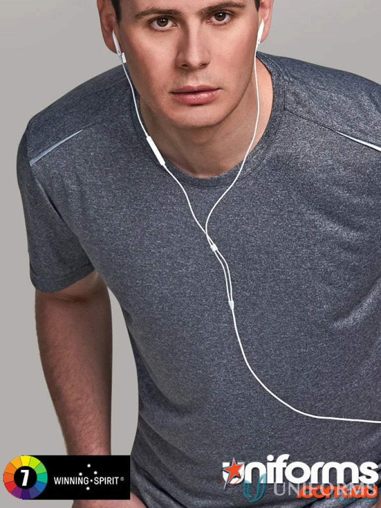Man in grey TS45 Harland tee with reflective stripes and white earbuds for Winning Spirit Mens rapid cool style