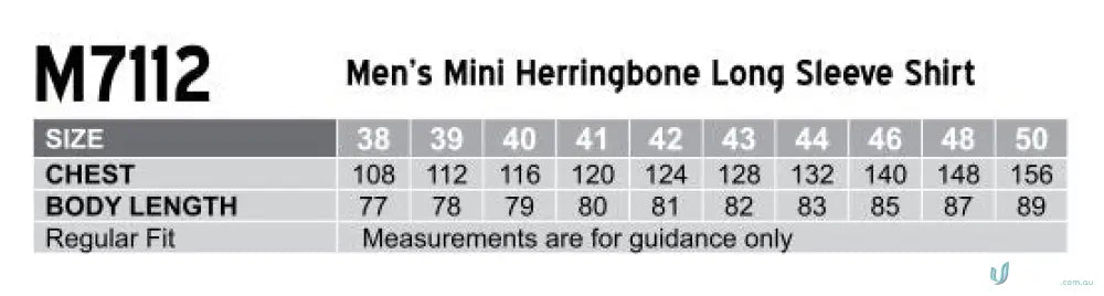 Men’s mini herringbone long shirt size chart for Winning Spirit Mini Herringbone L/S Shirt