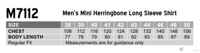 Men’s mini herringbone long shirt size chart for Winning Spirit Mini Herringbone L/S Shirt