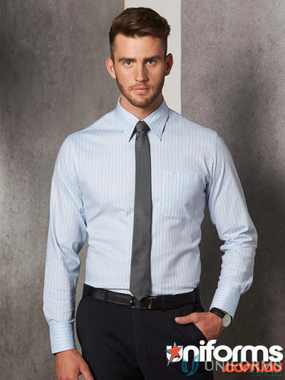 Man in Winning Spirit Pin Stripe Shirt showing bs17 pin stripe mens workwear style