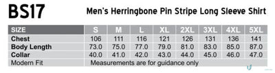 Mens workwear size chart for Winning Spirit Pin BS17 Pin Stripe Shirt