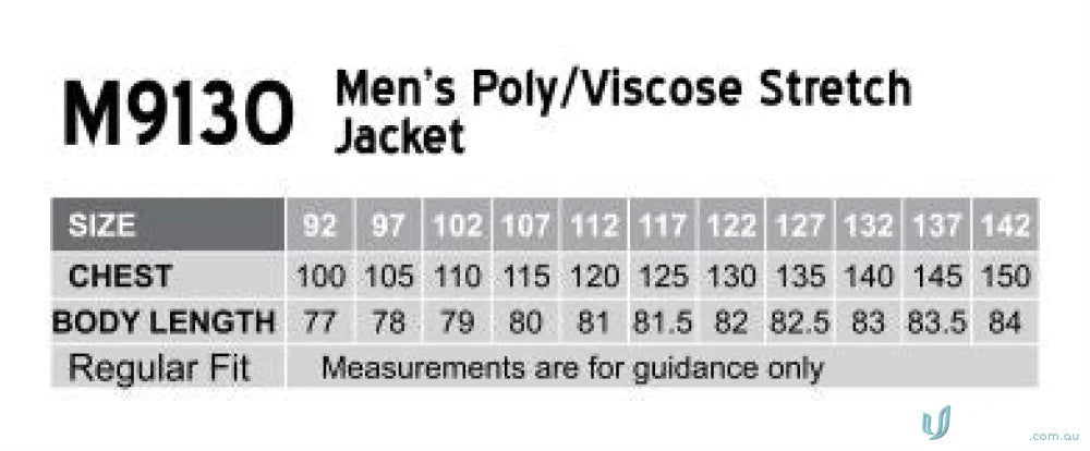 Mens poly viscose stretch jacket size chart for Winning Spirit PolyViscose Stretch Jacket