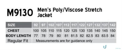 Mens poly viscose stretch jacket size chart for Winning Spirit PolyViscose Stretch Jacket