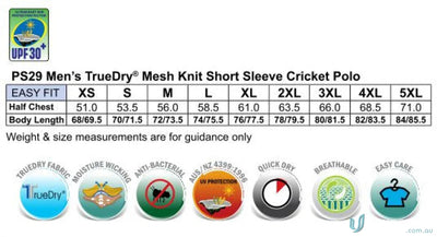 Mens polo shirt size chart for Winning Spirit SS Cricket Polo with moisture-wicking tech
