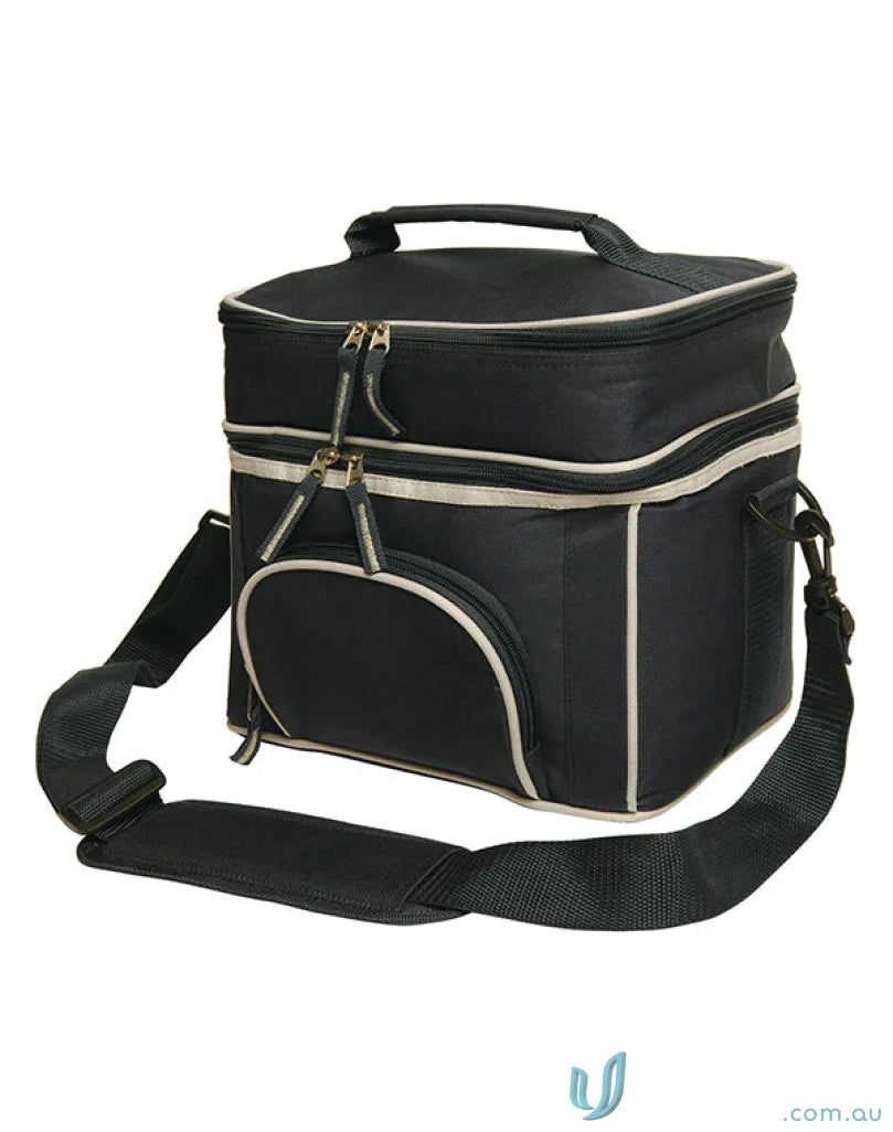 Black insulated spirit travel cooler with adjustable shoulder strap and front zip pocket