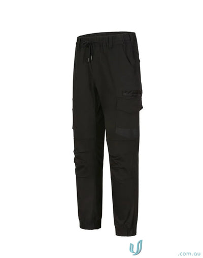 Black cotton stretch cargo pants with multiple pockets and drawstring waist ideal for workwear uniforms