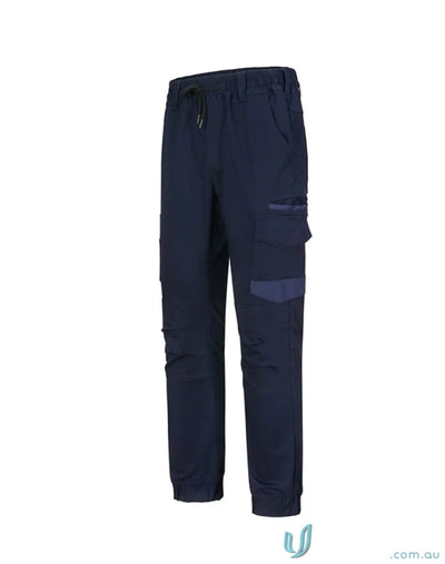 Dark navy blue cotton stretch cuffed womens work pants with reinforced patch pockets and elastic waistband for workwear