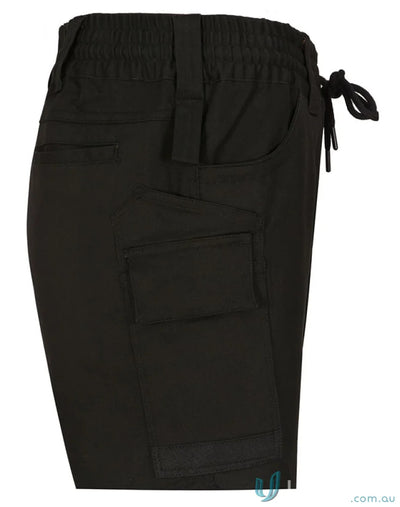 Black cotton stretch cargo work pants with elastic waistband drawstring and multiple pockets for workwear uniforms