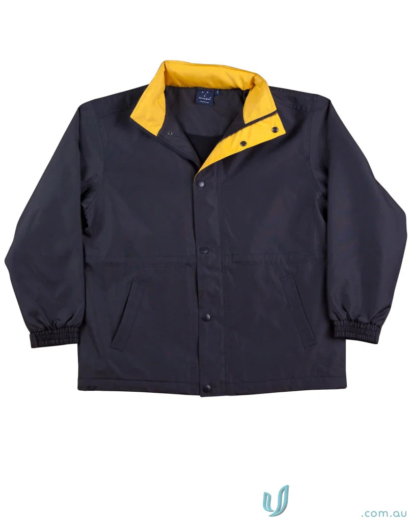 Winning Spirit Unisex Stadium Jacket with navy water-repellent oxford shell and yellow collar